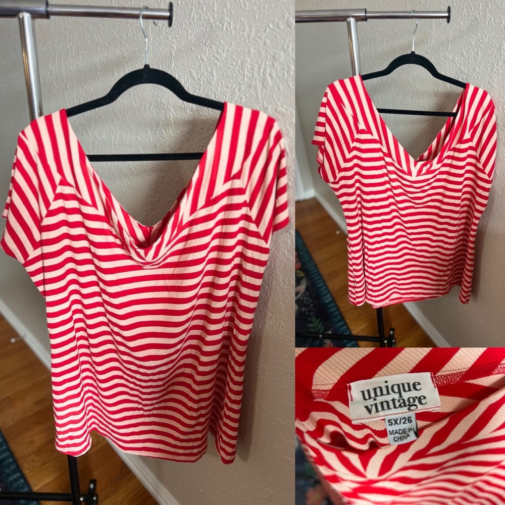 Unique Vintage Ribbed Pink/Red Striped Boat-neck top. Size 5X (26) NWOT